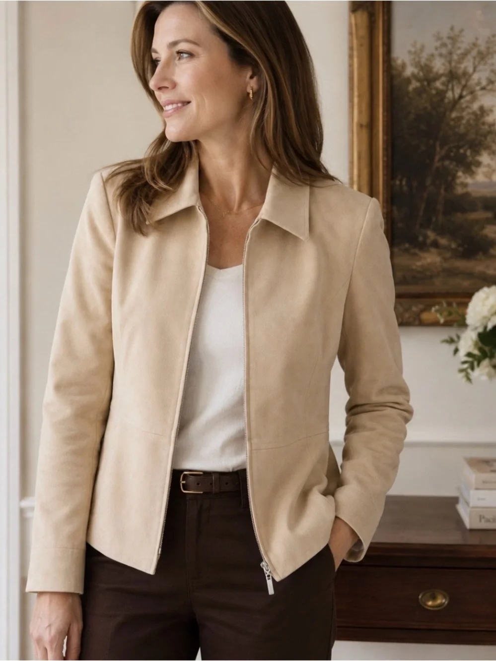 Vintage Talbots Petites Faux Suede Zip Jacket ivory Beige Size 4 Petite